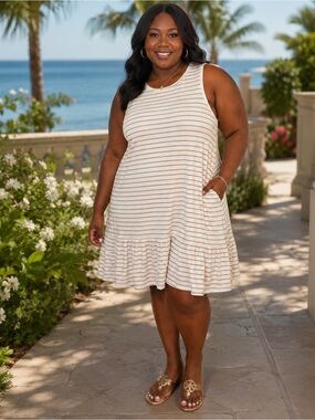 Sonoma Cream and Tan Striped Dress